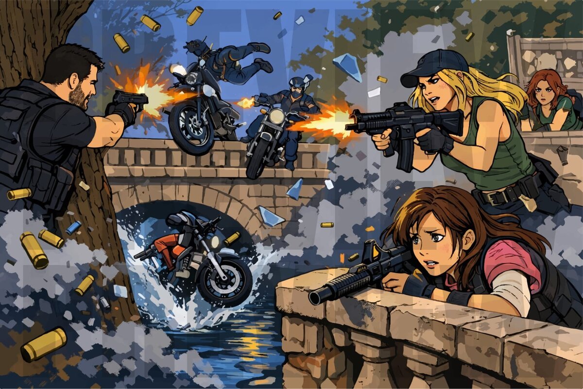 Action illustration scene with multiple characters, watermarked preview
