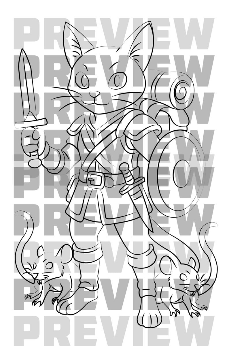 Single character lineart, cat warrior with sword and shield, with two companion mice
