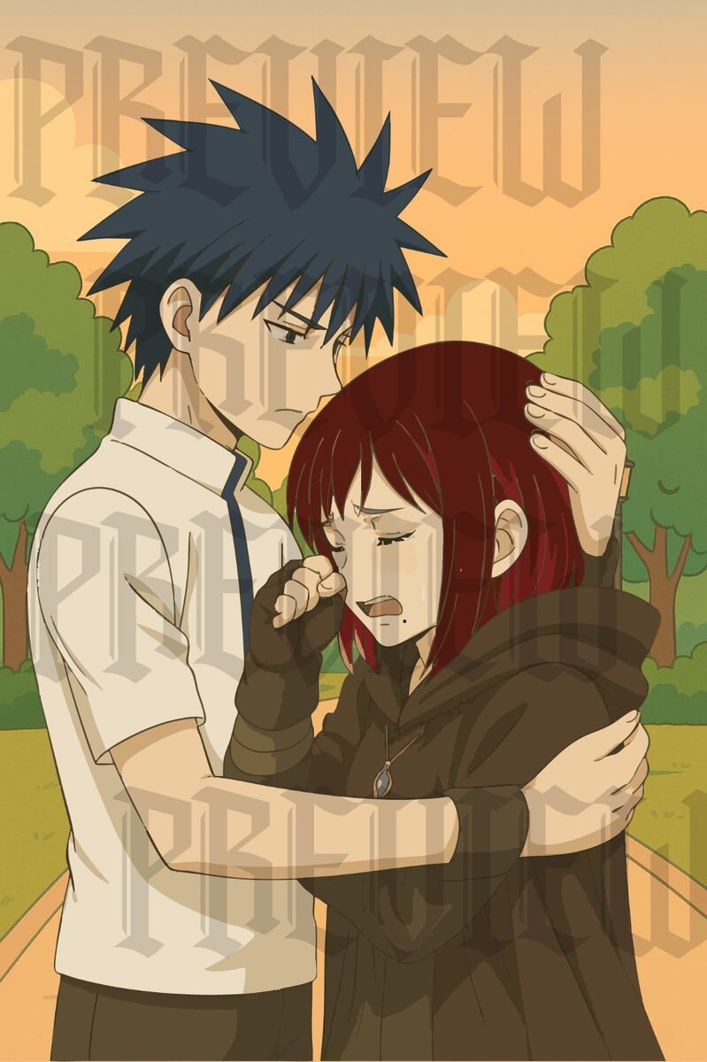 Emotional double character scene, one character comforting another in a park