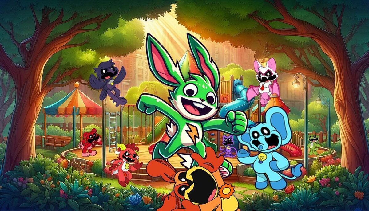 Illustrated scene with a group of original mascot-style creature characters in a playground
