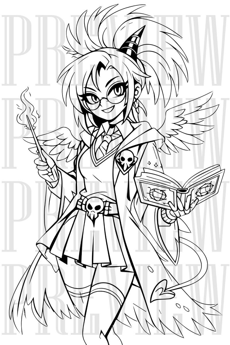 Single character lineart illustration, devil schoolgirl with wand and book
