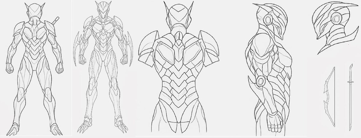 Reference turnaround sheet for a mech armor character, multiple angles and detail views