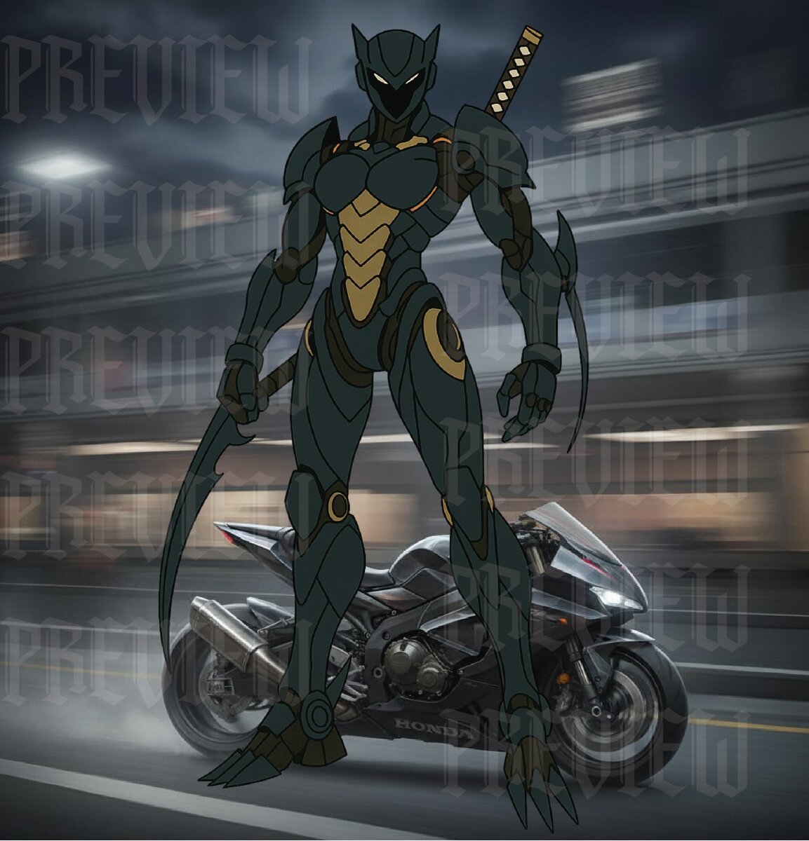 Action scene, armored mech character standing beside a motorcycle at night