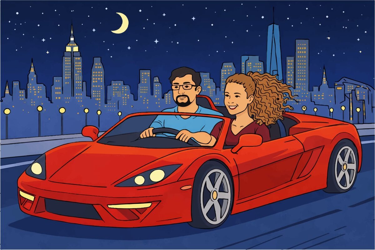 Custom couple portrait illustration, night drive through New York City skyline