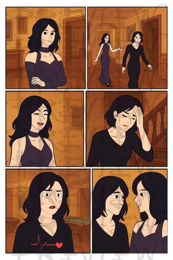 Six-panel comic sequence, single character, dramatic hallway scene